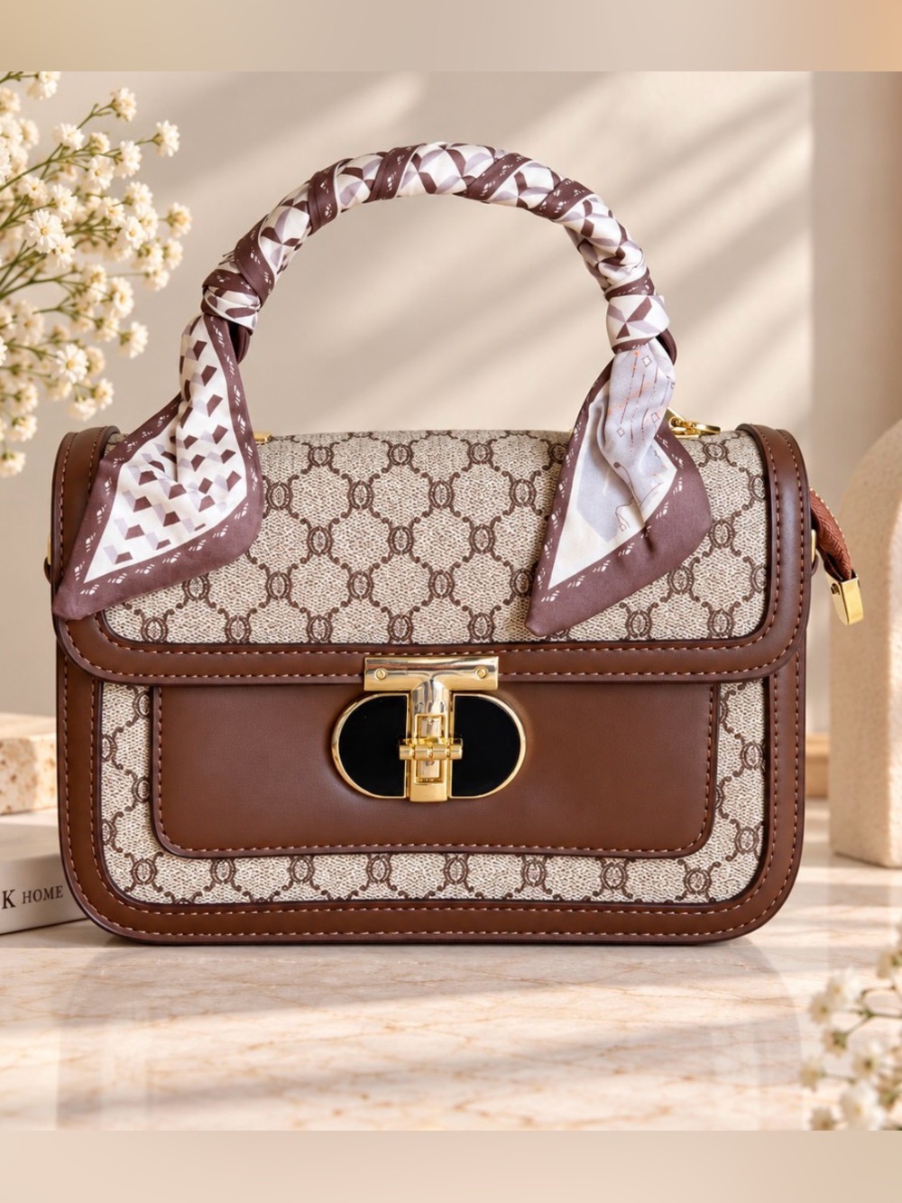 Taupe & Brown Satchel Crossbody Handbag with Scarf Accent Handle